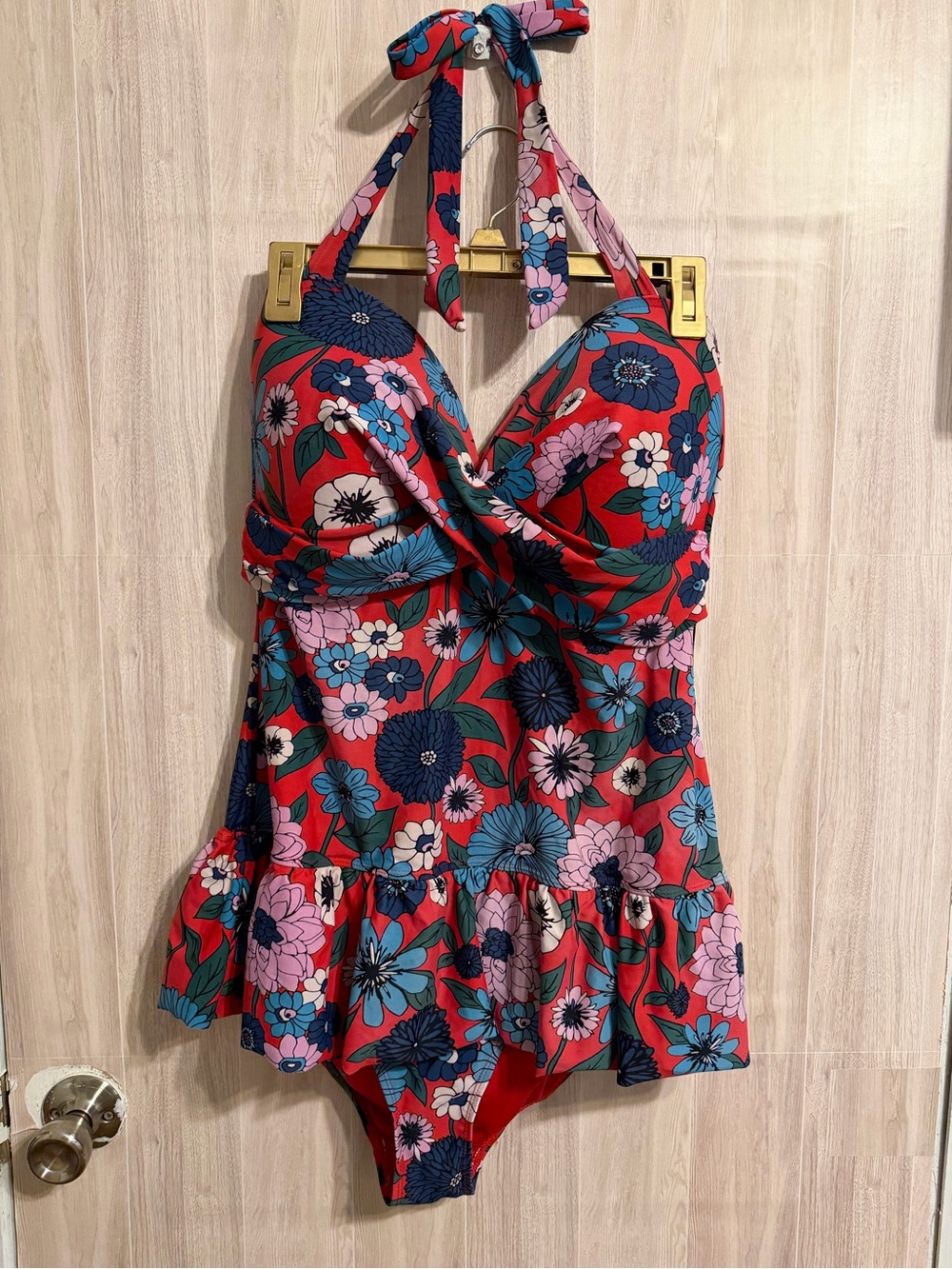 Tropical Escape Red Floral Twist-Front Halter One-Piece